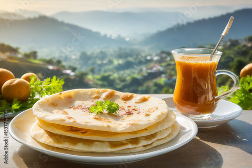 Roti naan or paratha and tea milk with copy space background.