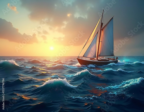 Sailboat sailing at sunset in ocean waves