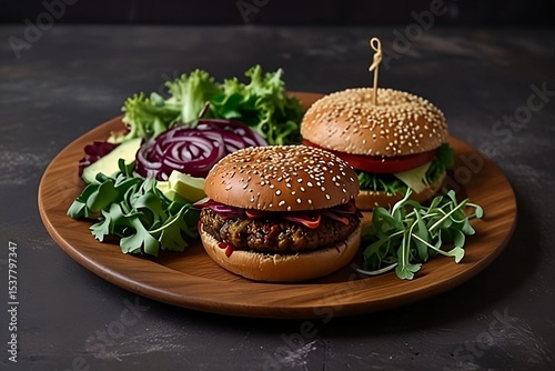 Colorful Vegan Burger with Baked Fries and Side Salad on Bamboo Plate