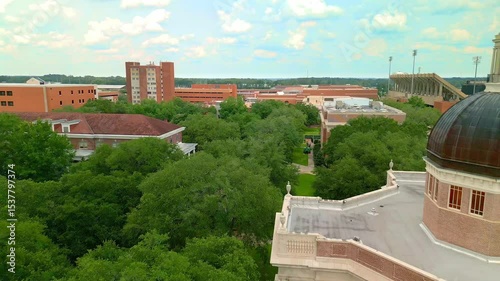 aerial video of the skyline in Hattiesburg, MS over the University of Southern Mississippi