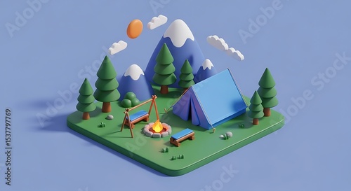 A 3D rendered scene depicts a camping site with a tent, campfire, and surrounding nature.