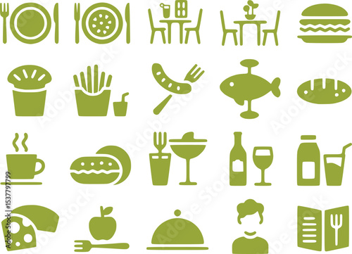 A series of minimalist solid black silhouette icons representing restaurant menu chef's hat coffee cup martini glass
 and plate with fork and knife