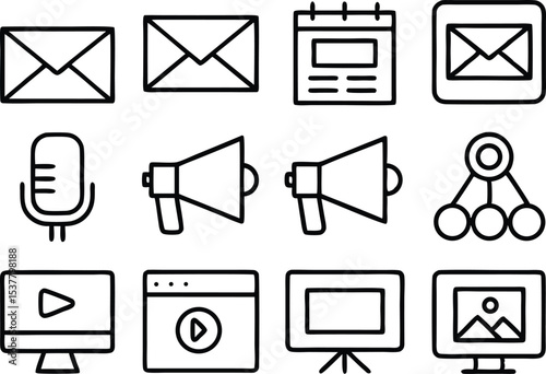 Mass marketing outline icon set for business promotion isolated on transparent background