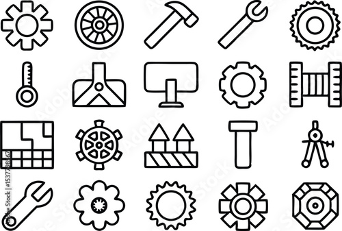 Collection of mechanical engineering outline icons and tools isolated on transparent background