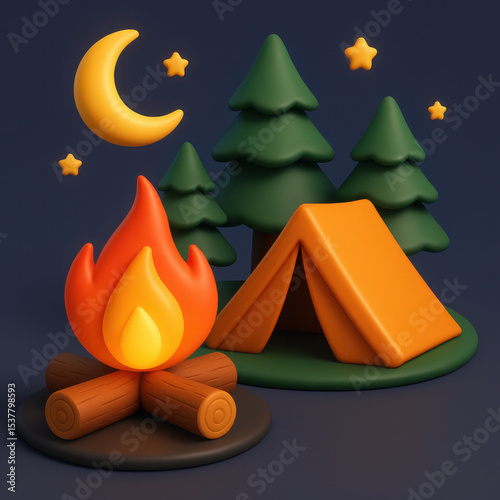 3D Icon of Fire Pit and Nighttime Camping