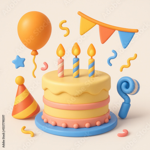 3D Icon of Birthday Cake and Celebration Items