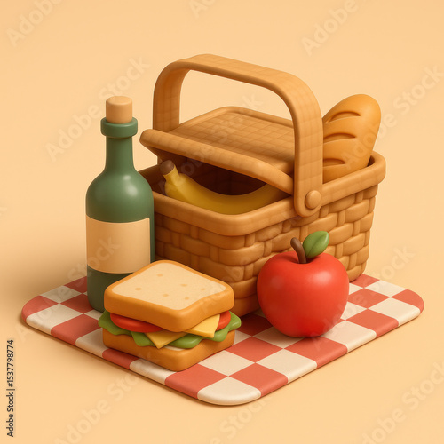 3D Icon of Picnic Basket and Outdoor Meal