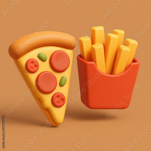 3D Icon of Pizza Slice and Fast Food Snack