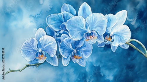 Vibrant blue orchids in artistic watercolor style painting.