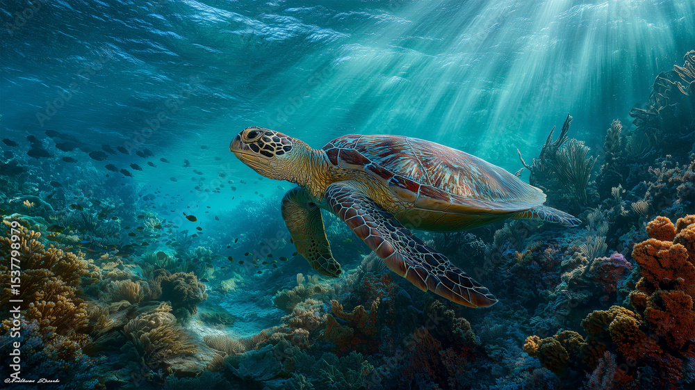 Obraz premium 絢爛なサンゴ礁を泳ぐ緑亀の肖像