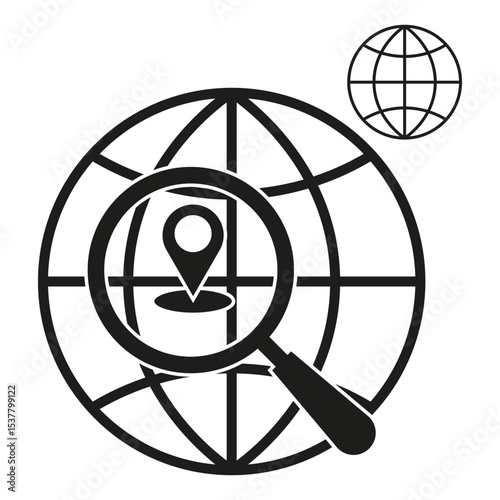 Globe search icon. Location magnifier shape. Global pin vector. Earth outline symbol