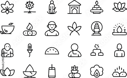 Outline icon set of meditation and waterfall symbols isolated on transparent background