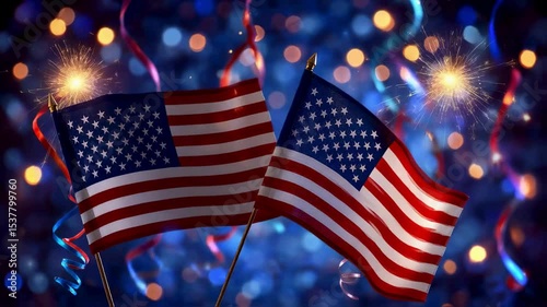 Patriotic American Flags with Fireworks and Confetti on Blue Bokeh Background