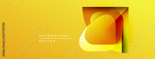 Bright yellow background features abstract geometric shapes. Overlapping layers create dynamic visual effect. Modern design element.