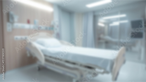 Patient hospital ward blur background, medical blurry interior white room ward with with bed nursing care or clinical healthcare recovery treatment space. Ai Generated Images