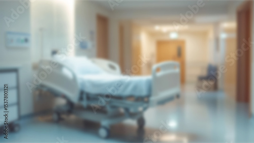 Patient hospital ward blur background, medical blurry interior white room ward with with bed nursing care or clinical healthcare recovery treatment space. Ai Generated Images