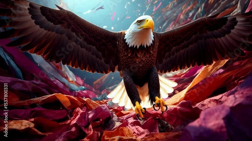Majestic Bald Eagle Soaring Through a Whirlwind of Colorful Fabrics