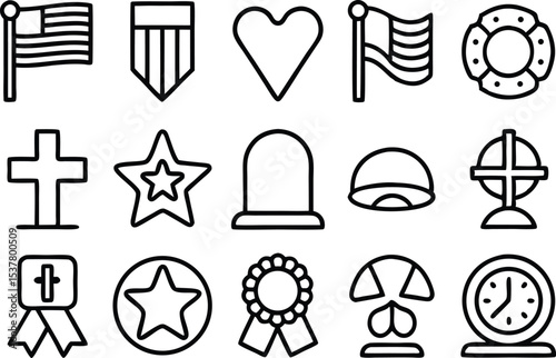 Memorial day commemorative ceremony icons and symbols set isolated on transparent background