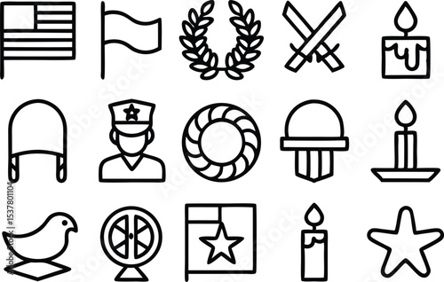 Memorial day commemorative ceremony icon set isolated on transparent background