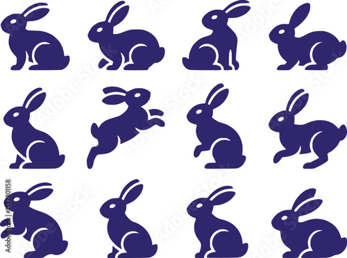 A comprehensive set of solid black silhouette rabbit and bunny icons.
