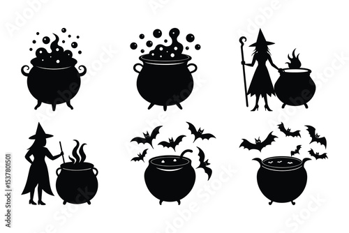 Silhouette illustrations of various witch cauldrons with bats and witch characters for halloween