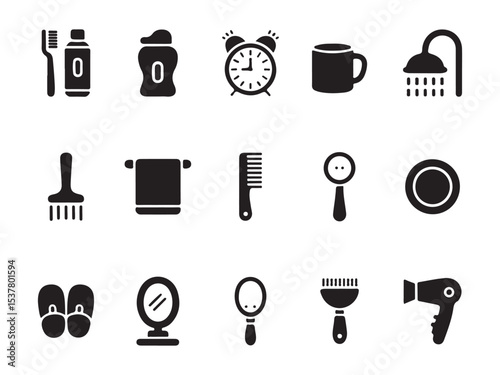 Essential Bathroom and Grooming Icons for Morning Routine, set of black and white icons depicts various items commonly used in the morning routine vector art on white