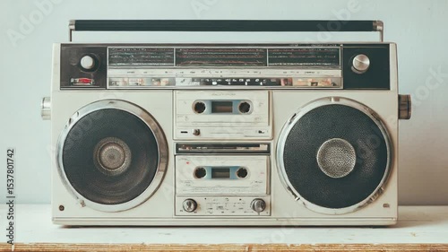 Vintage boombox on a wooden surface with soft lighting