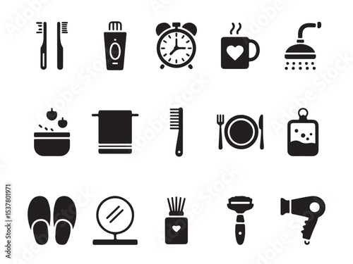 Set of Modern Wearable Technology Icons, a collection of various wearable technology icons, including VR headsets, smart glasses, smartwatches, fitness trackers, and other devices vector art on white photo