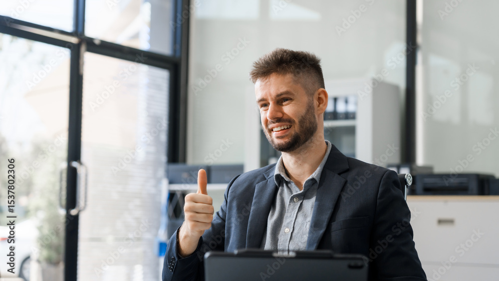 Fototapeta premium A smart Caucasian businessman sits confidently at desk in modern indoor office, using laptop for online consulting, showcasing professionalism, success, digital expertise in corporate environment.