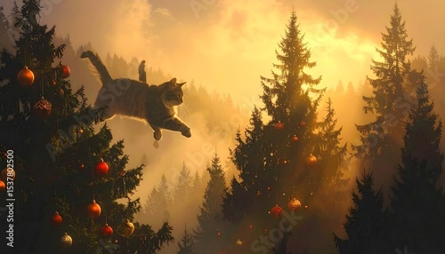 Mischievous cat tangled in twinkling lights and ornaments beneath a glowing Christmas tree, mid-pounce with glittery chaos unfolding — festive mischief meets cozy living room charm.

