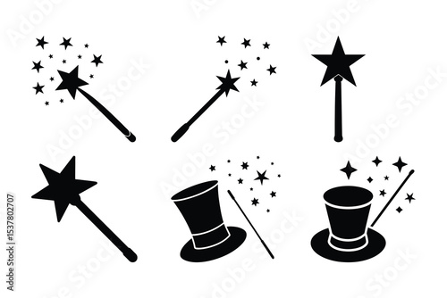 Set of black magic wand and top hat icons with sparkling stars vector illustration