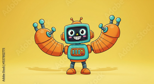 Cute smiling cartoon robot waving with yellow arms and cheerful face
