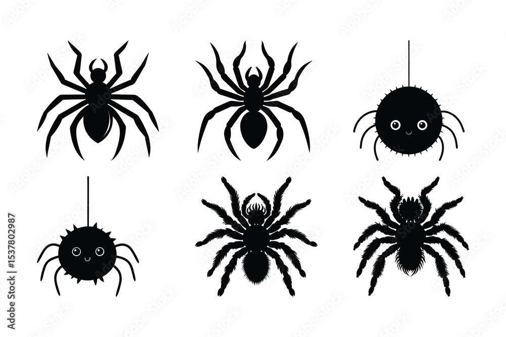 Obraz premium Silhouette illustrations of several spiders including cute cartoon arachnids and realistic versions