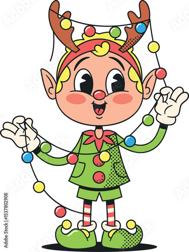 Christmas elf untangling garland vector illustration