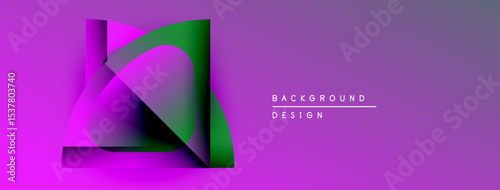 Abstract geometric shapes overlap, creating vibrant purple, green gradients. Modern design element for backgrounds, presentations.