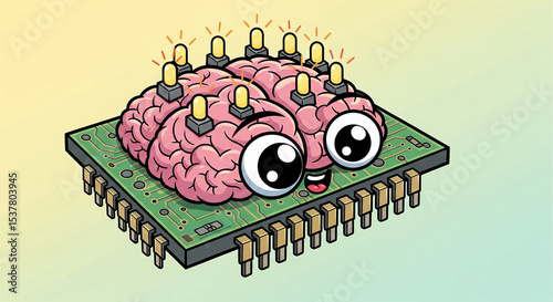 Cute cartoon microchip character with brain and birthday candles