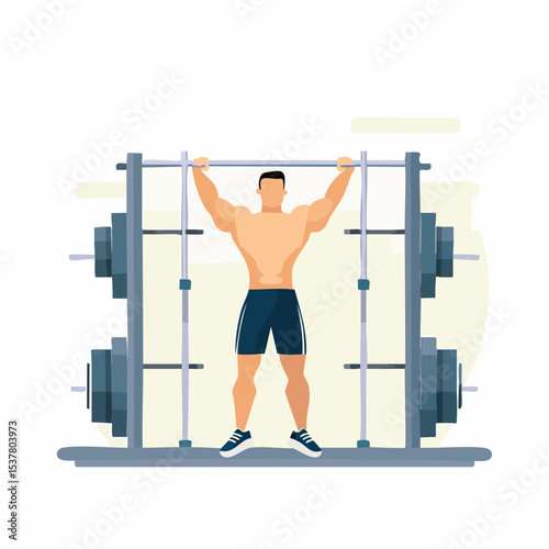 Muscular Man Intense Gym Workout Training with Weights and Fitness Equipment Indoors

