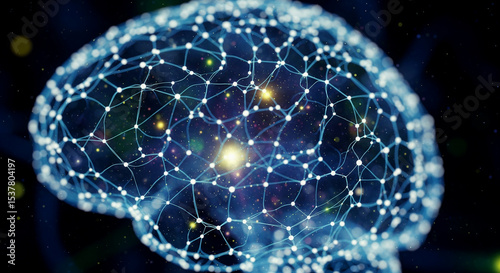Digital glowing brain made of network connections and blue particles