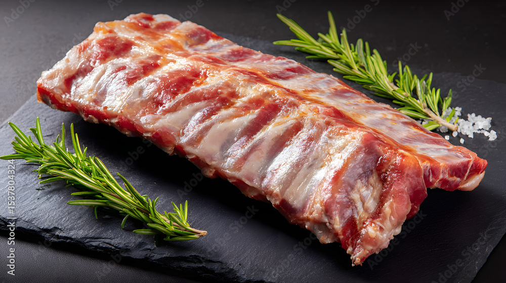 Fototapeta premium Fresh Raw Pork Ribs on Slate Board with Rosemary and Sea Salt Ready for Cooking or Barbecue Preparation