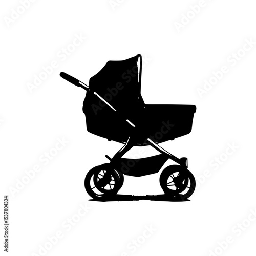 Minimalist Black Baby Stroller Silhouette on White Background

