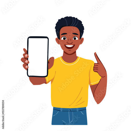 Excited Black Man Holding Large Smartphone with Blank White Screen in Hand Close to Camera

