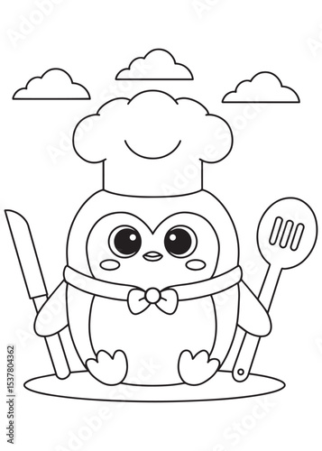 Coloring book penguin dressed as a chef with a hat and bow tie, holding a knife and spatula