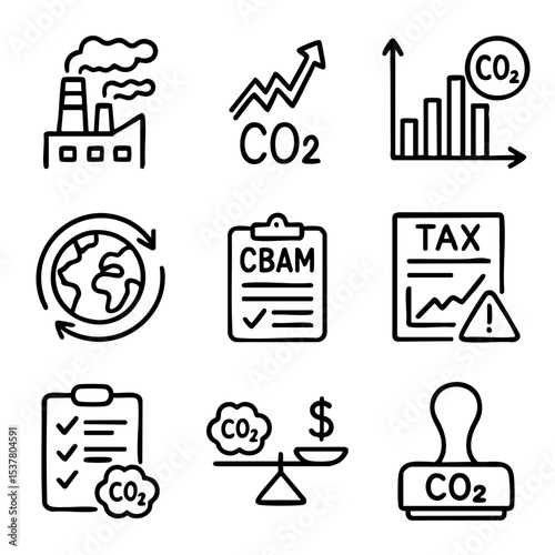 A set of doodle line icons representing carbon emissions, CO2 tax, CBAM policy, global warming, and environmental regulations