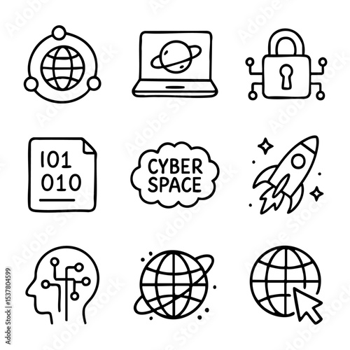 A set of doodle line icons representing cyberspace, global network, data, binary code, cybersecurity, and digital communication