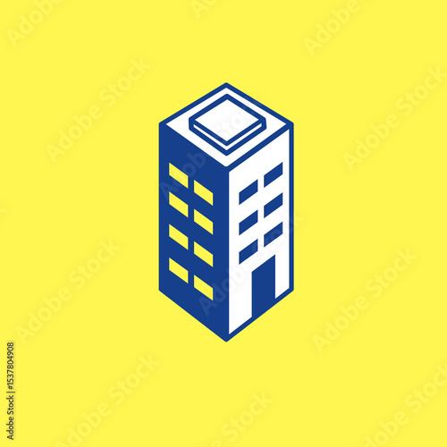 Office tower icon, sign and symbol icon. Flat vector line art with yellow background. Isometric illustration for icon interface, banner, layout, social media post, flyer and mobile apps.
