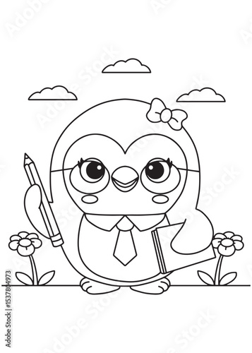 Coloring book penguin wearing glasses and a bow, holding a pencil