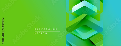 Abstract geometric shapes blend green, blue hues. Modern design suggests technology, innovation, dynamic movement. Gradient effect creates depth.