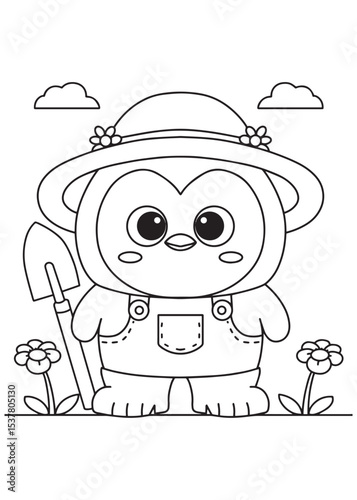 Coloring book penguin wearing a straw hat and overalls, holding a shovel, 