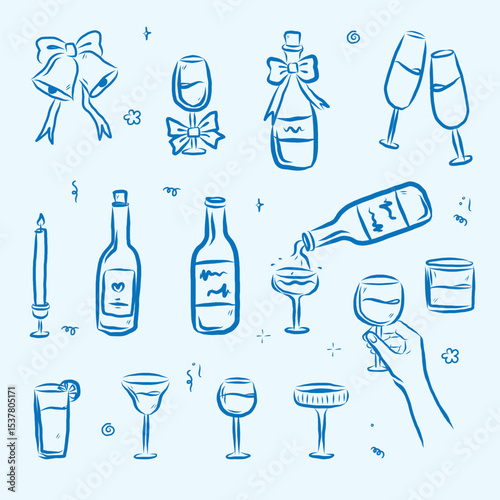 Hand drawn blue drink and wine doodle set on light background
