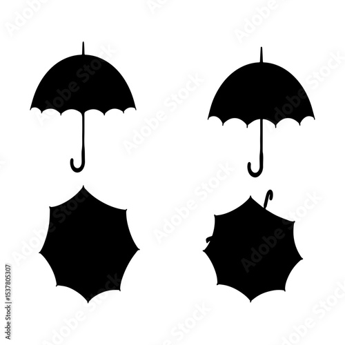 Minimalist Black Silhouette of an Open Umbrella on White Background

